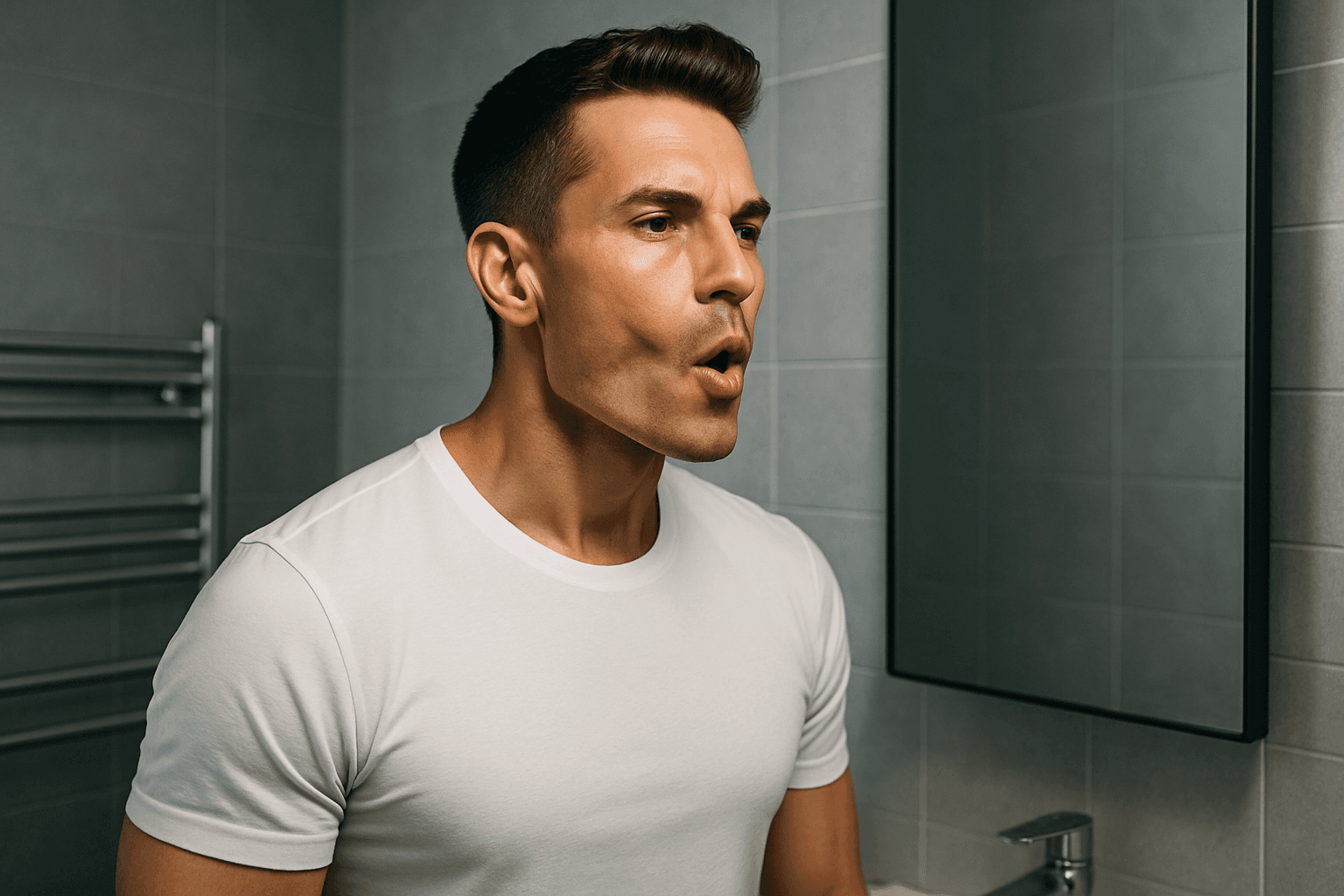 Man sculpting jawline with facial exercises