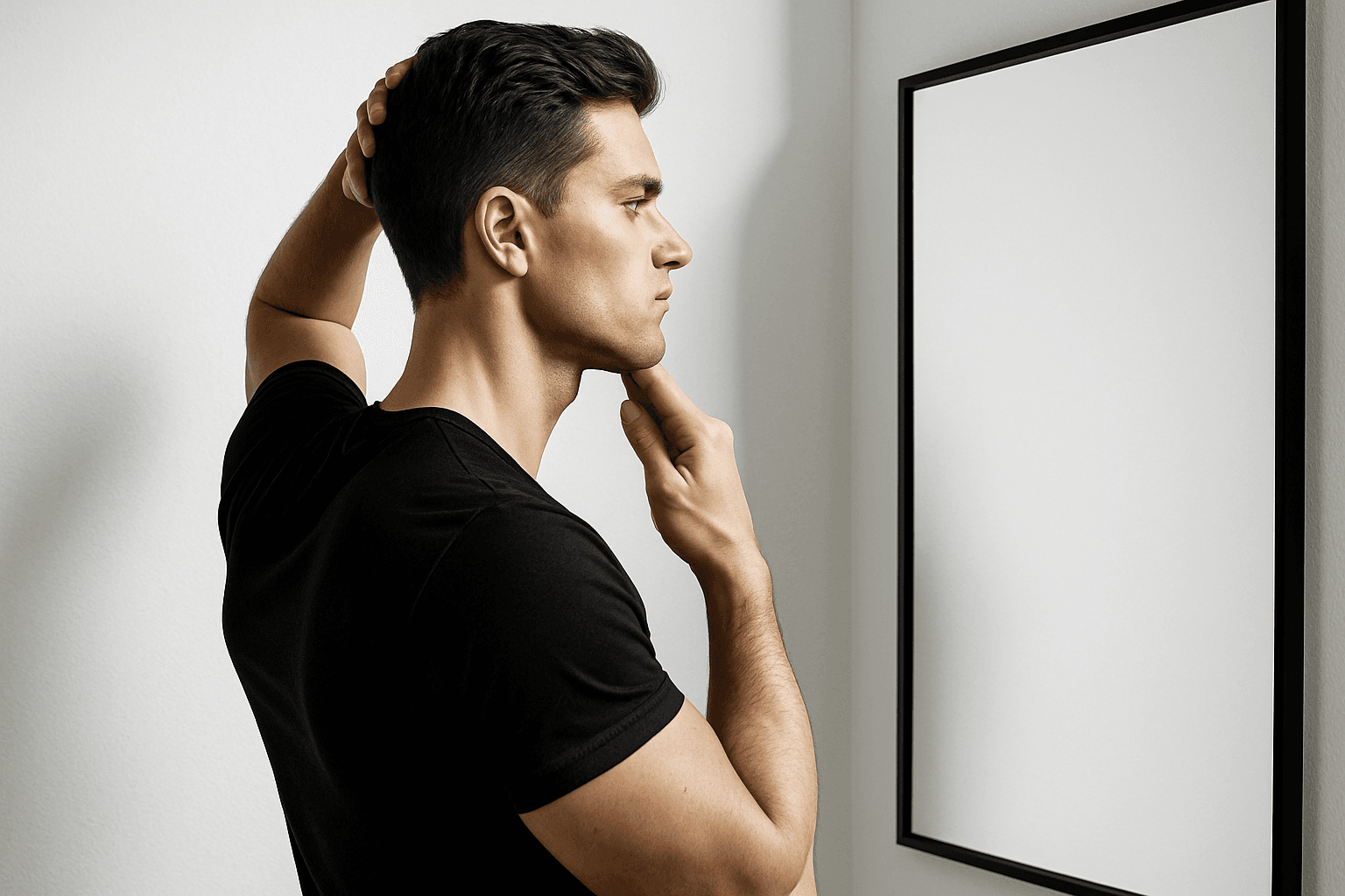 Man checking neck and jawline posture