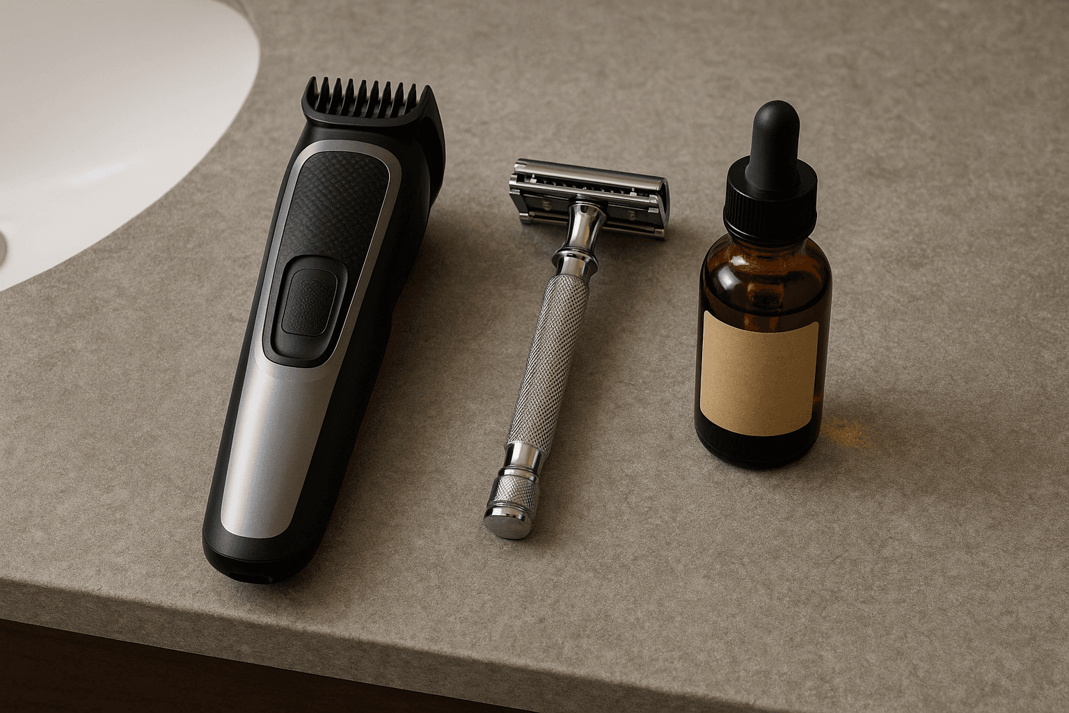 Beard trimmer, razor, and oil on countertop
