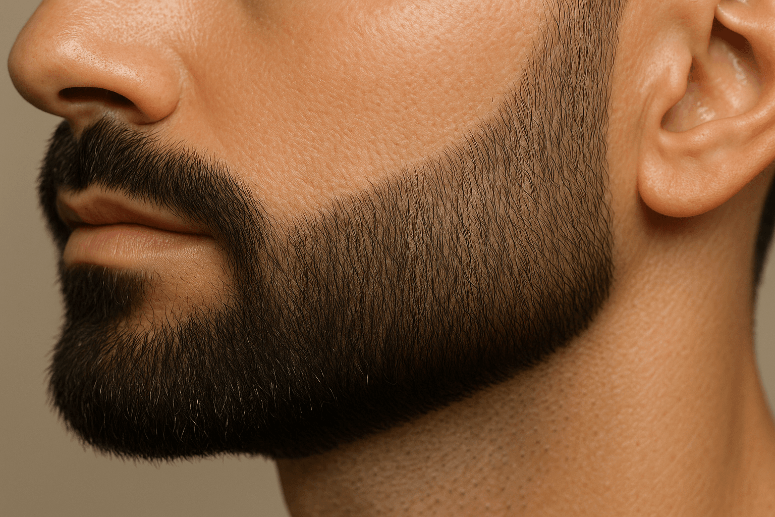 Close-up of trimmed beard line and smooth skin