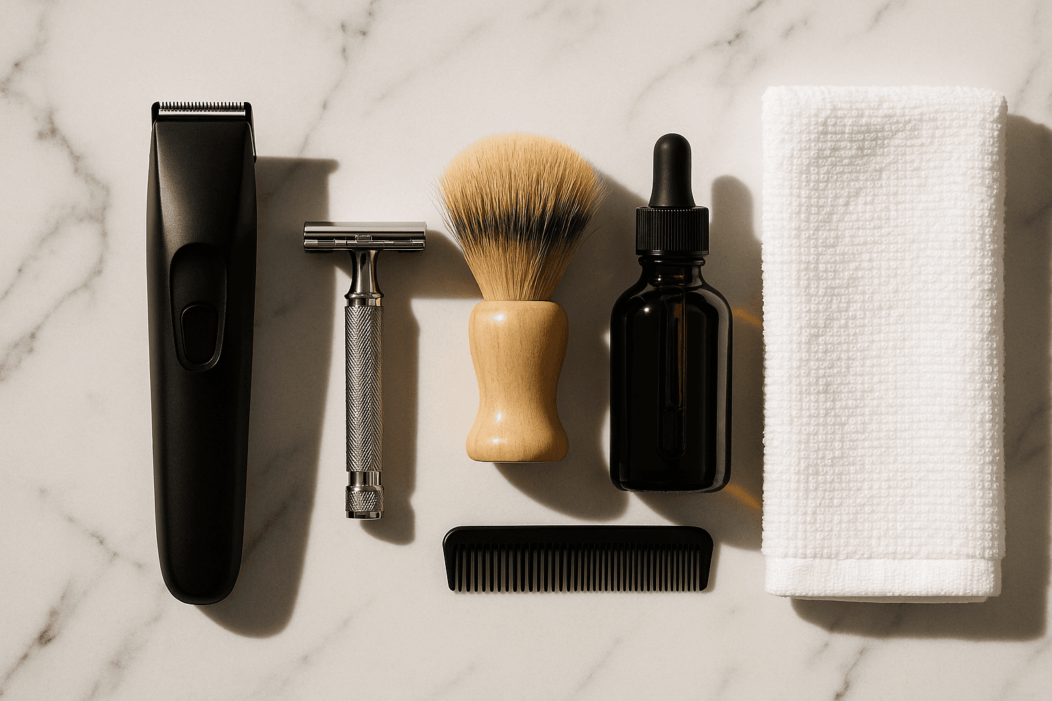Modern grooming essentials neatly arranged on marble