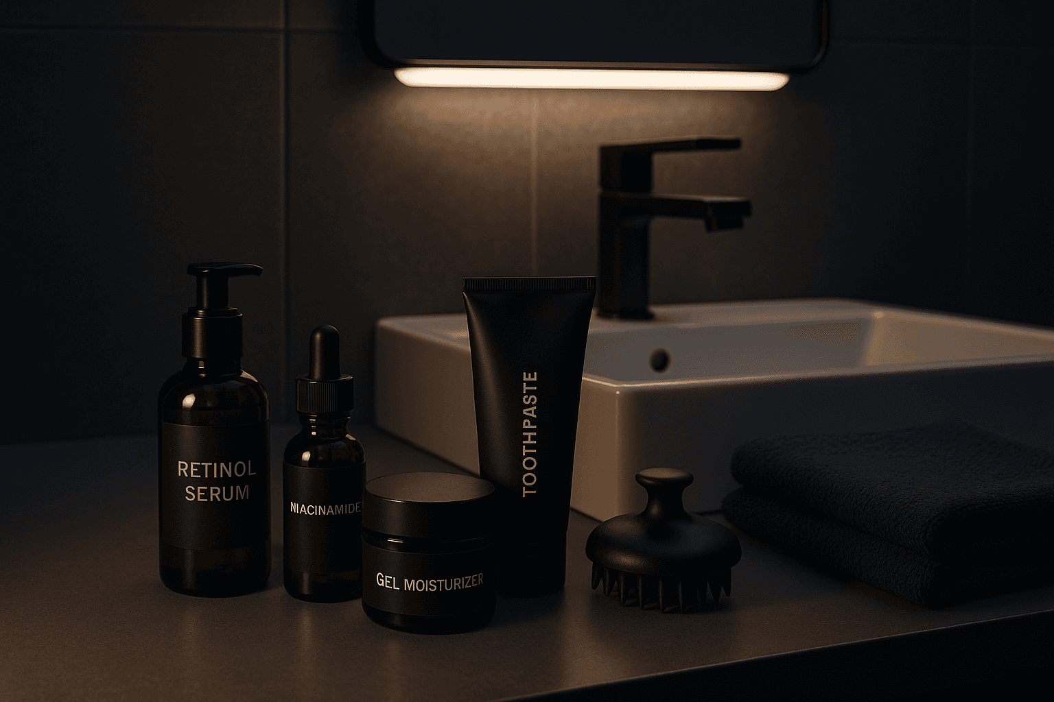Nighttime grooming and skincare products in bathroom