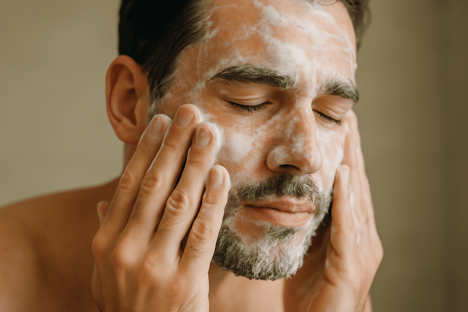 Close-up of a man cleansing his face