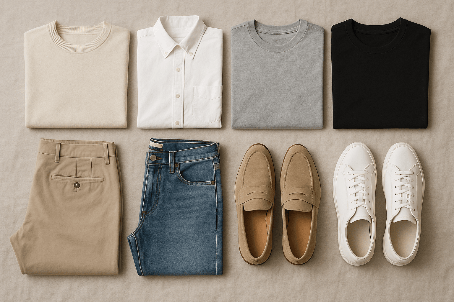 Capsule wardrobe flatlay with shirts, pants, shoes