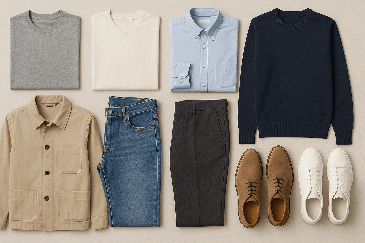 Flat lay of men’s capsule wardrobe pieces