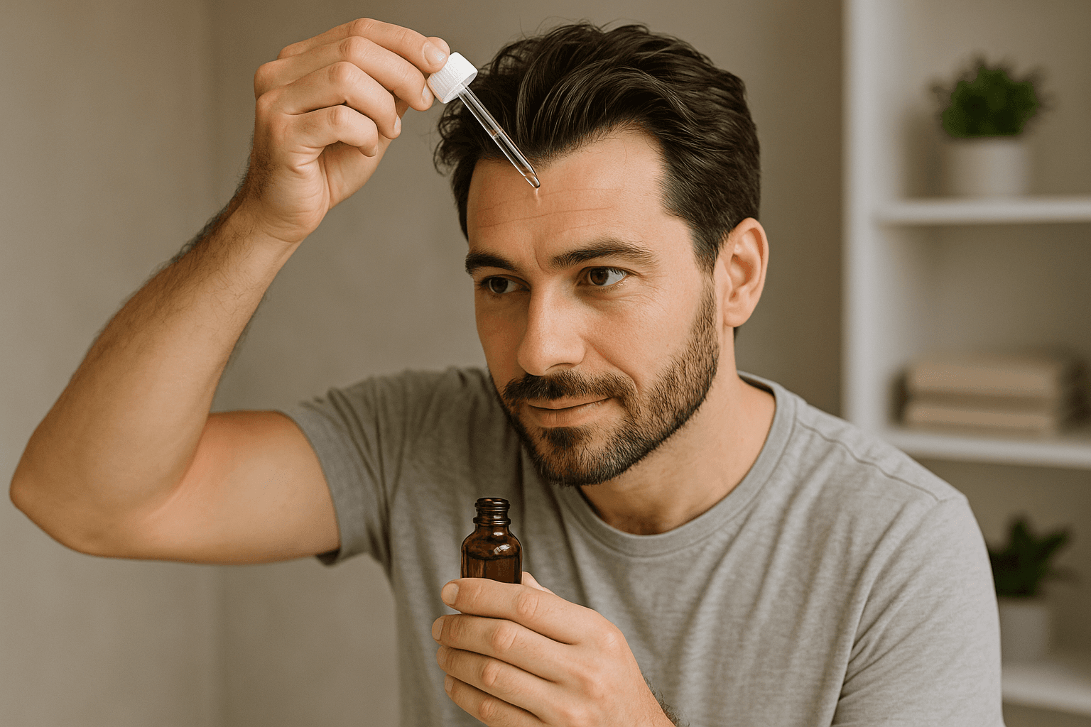 Man applying hair serum