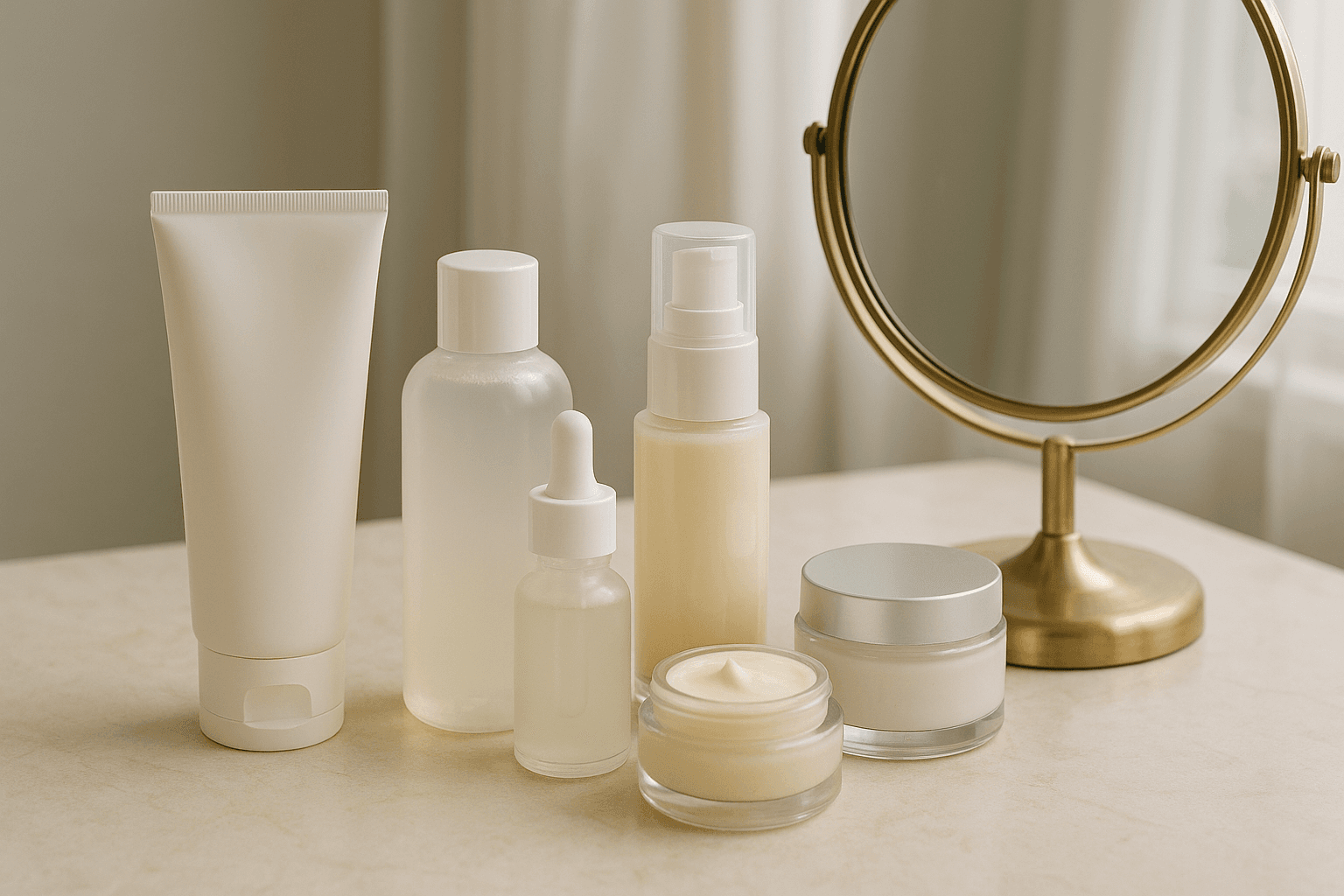 Skincare products on vanity